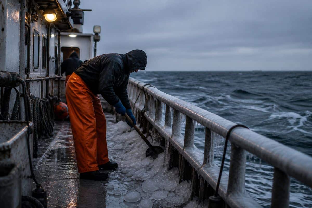 Fisherman on boat shovelling ice